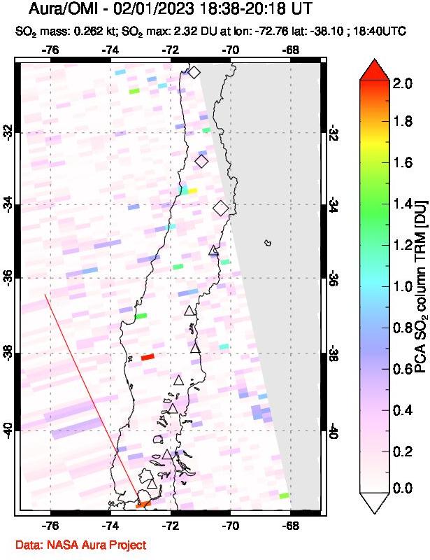 A sulfur dioxide image over Central Chile on Feb 01, 2023.