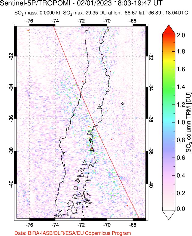 A sulfur dioxide image over Central Chile on Feb 01, 2023.