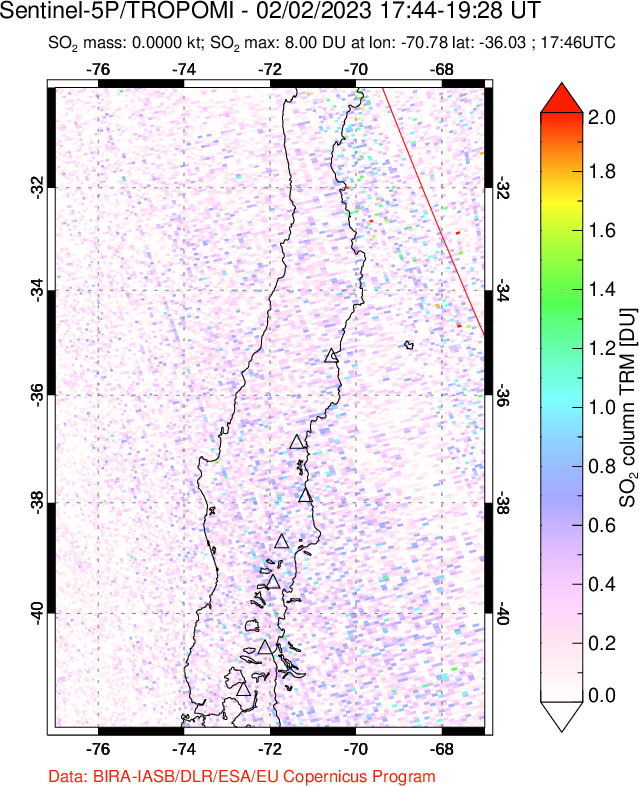 A sulfur dioxide image over Central Chile on Feb 02, 2023.
