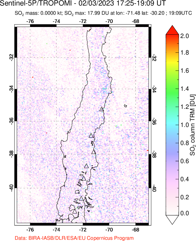 A sulfur dioxide image over Central Chile on Feb 03, 2023.