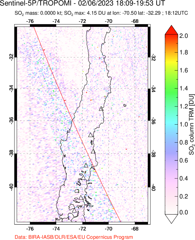 A sulfur dioxide image over Central Chile on Feb 06, 2023.