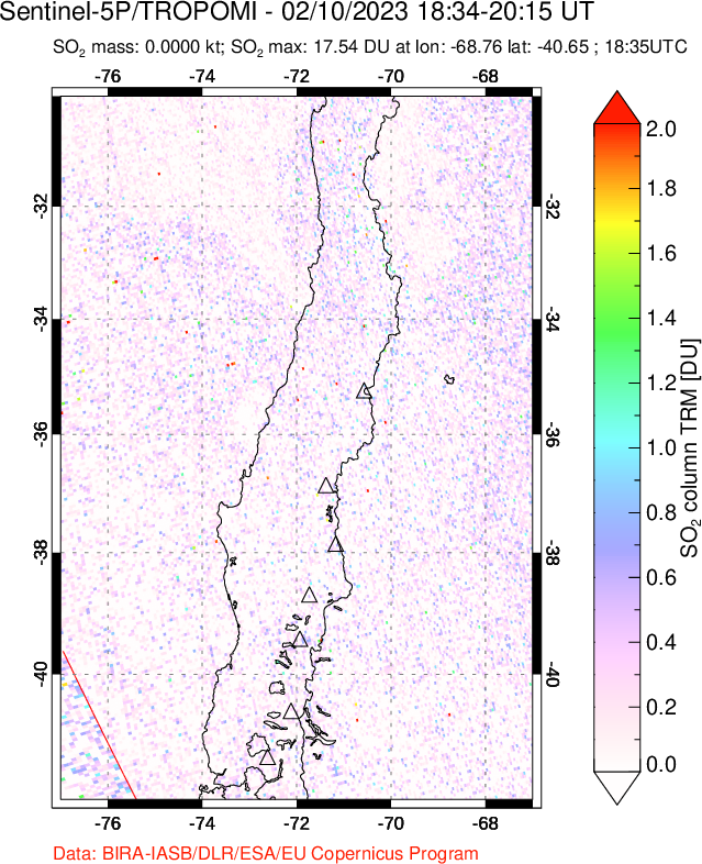 A sulfur dioxide image over Central Chile on Feb 10, 2023.