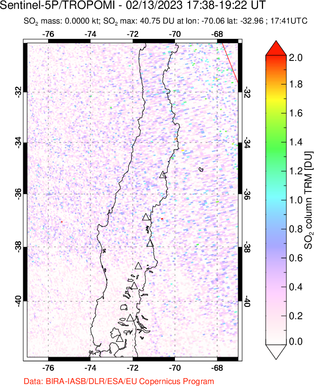 A sulfur dioxide image over Central Chile on Feb 13, 2023.