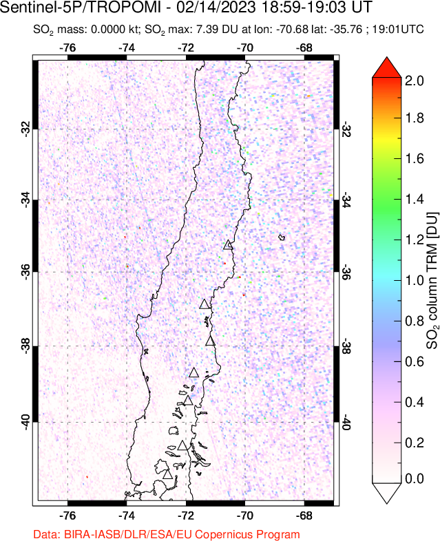 A sulfur dioxide image over Central Chile on Feb 14, 2023.