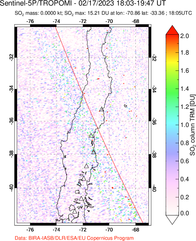 A sulfur dioxide image over Central Chile on Feb 17, 2023.