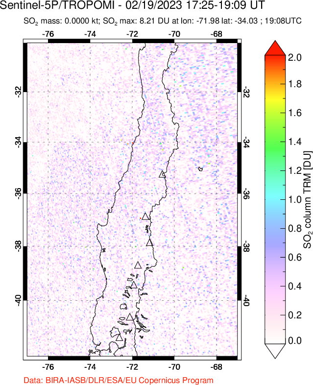 A sulfur dioxide image over Central Chile on Feb 19, 2023.