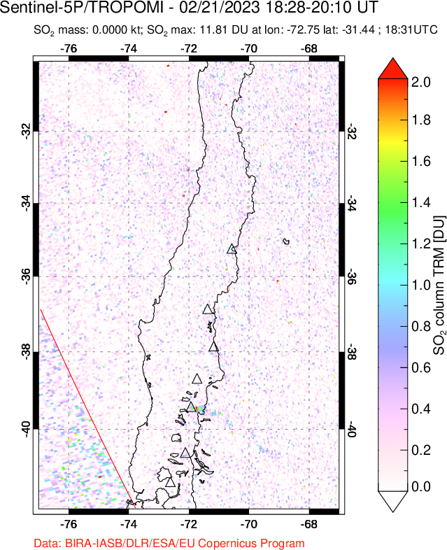 A sulfur dioxide image over Central Chile on Feb 21, 2023.