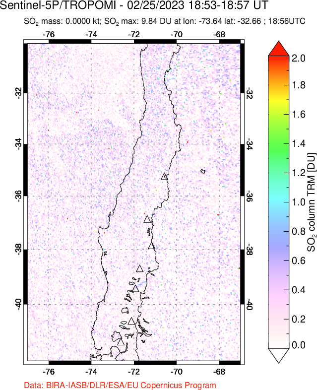 A sulfur dioxide image over Central Chile on Feb 25, 2023.