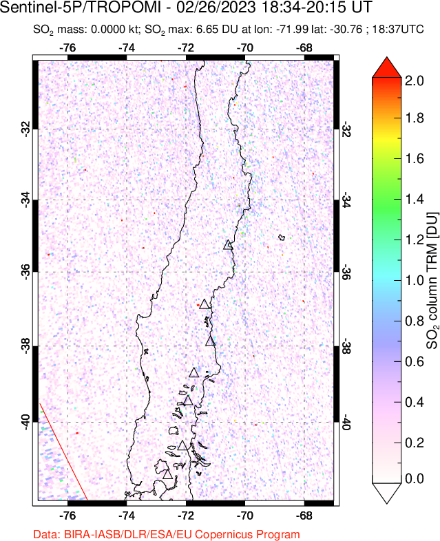 A sulfur dioxide image over Central Chile on Feb 26, 2023.
