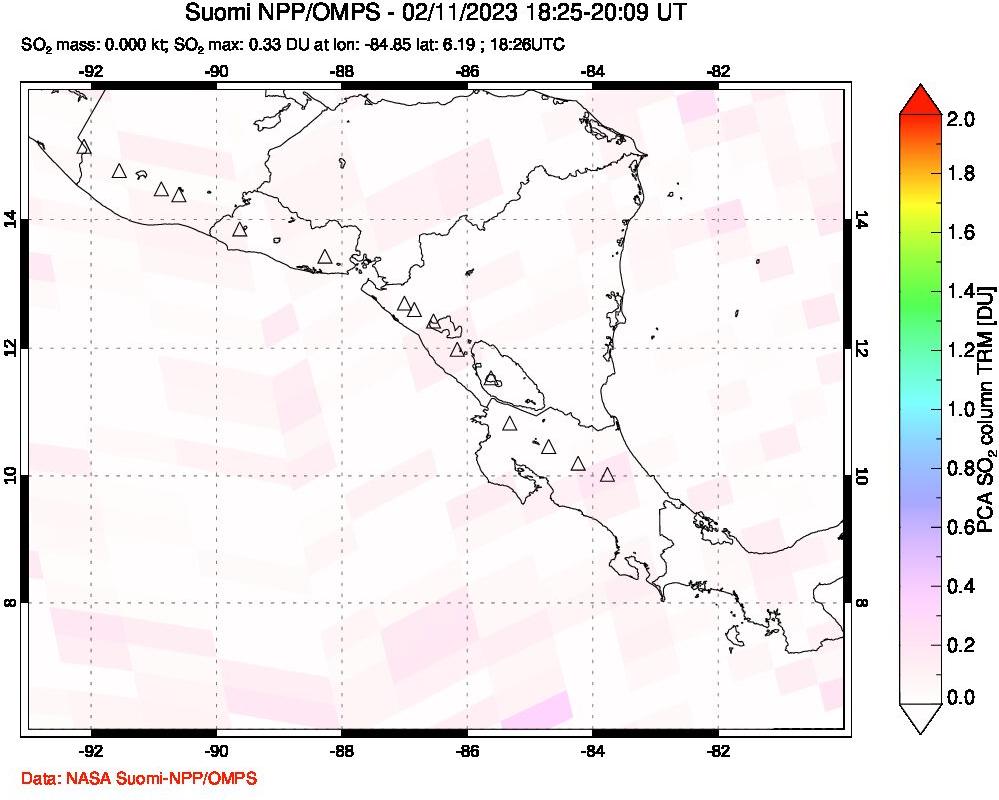 A sulfur dioxide image over Central America on Feb 11, 2023.