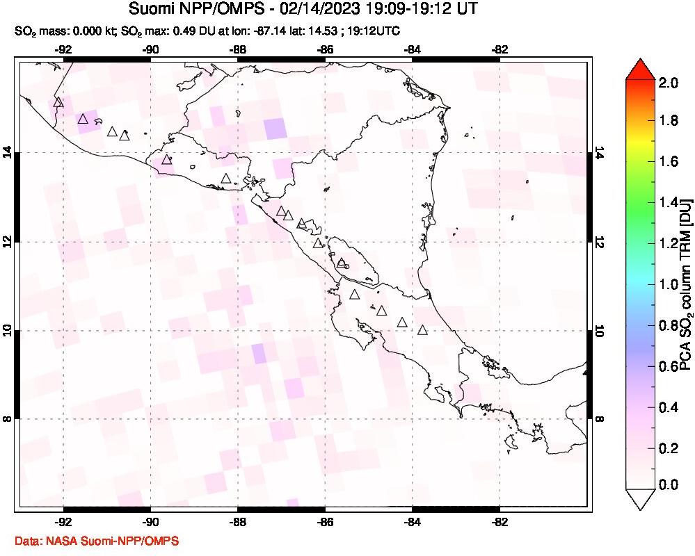 A sulfur dioxide image over Central America on Feb 14, 2023.