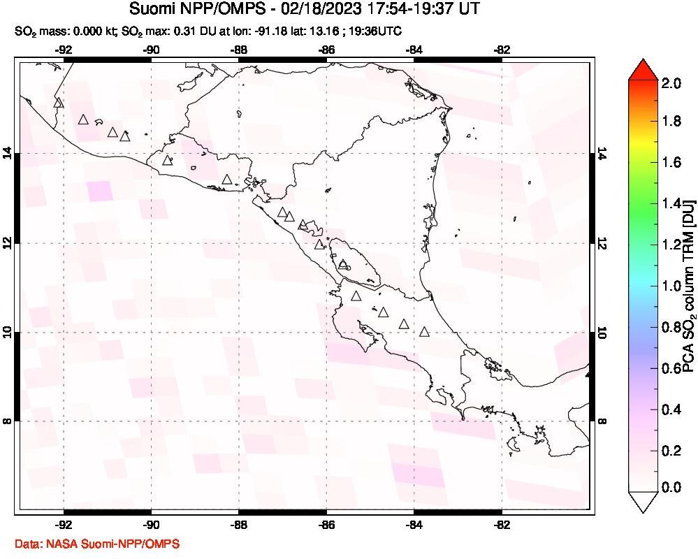 A sulfur dioxide image over Central America on Feb 18, 2023.