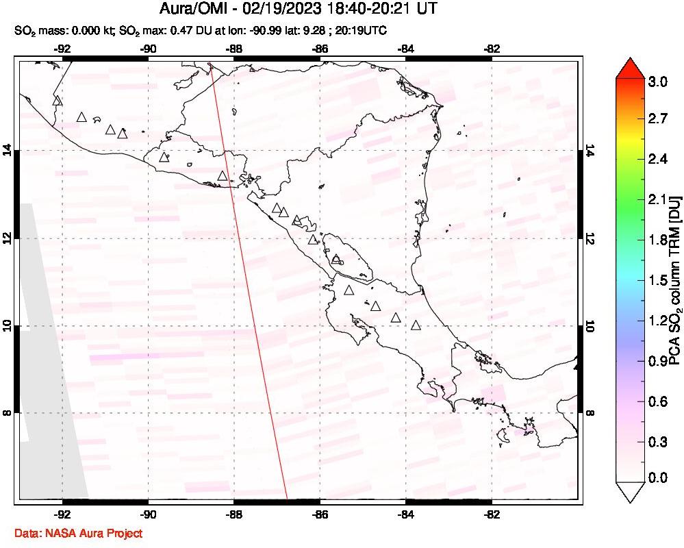 A sulfur dioxide image over Central America on Feb 19, 2023.