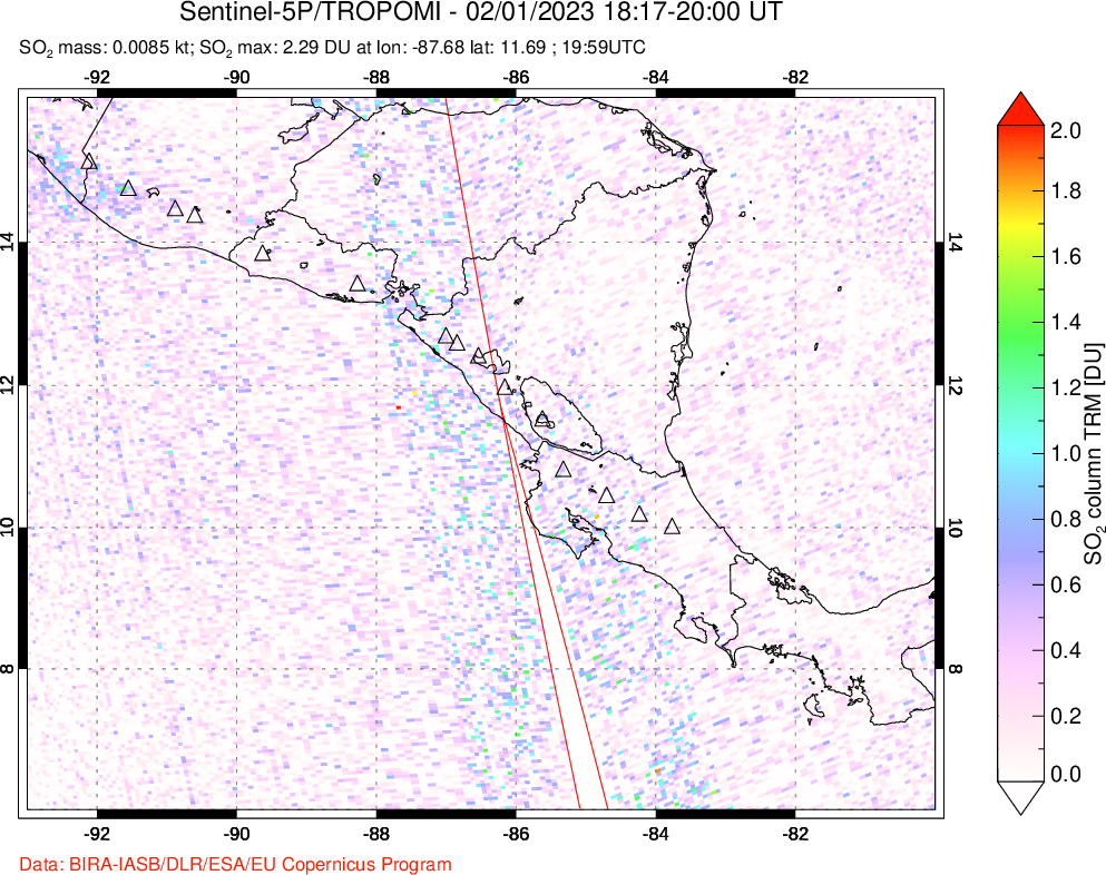 A sulfur dioxide image over Central America on Feb 01, 2023.