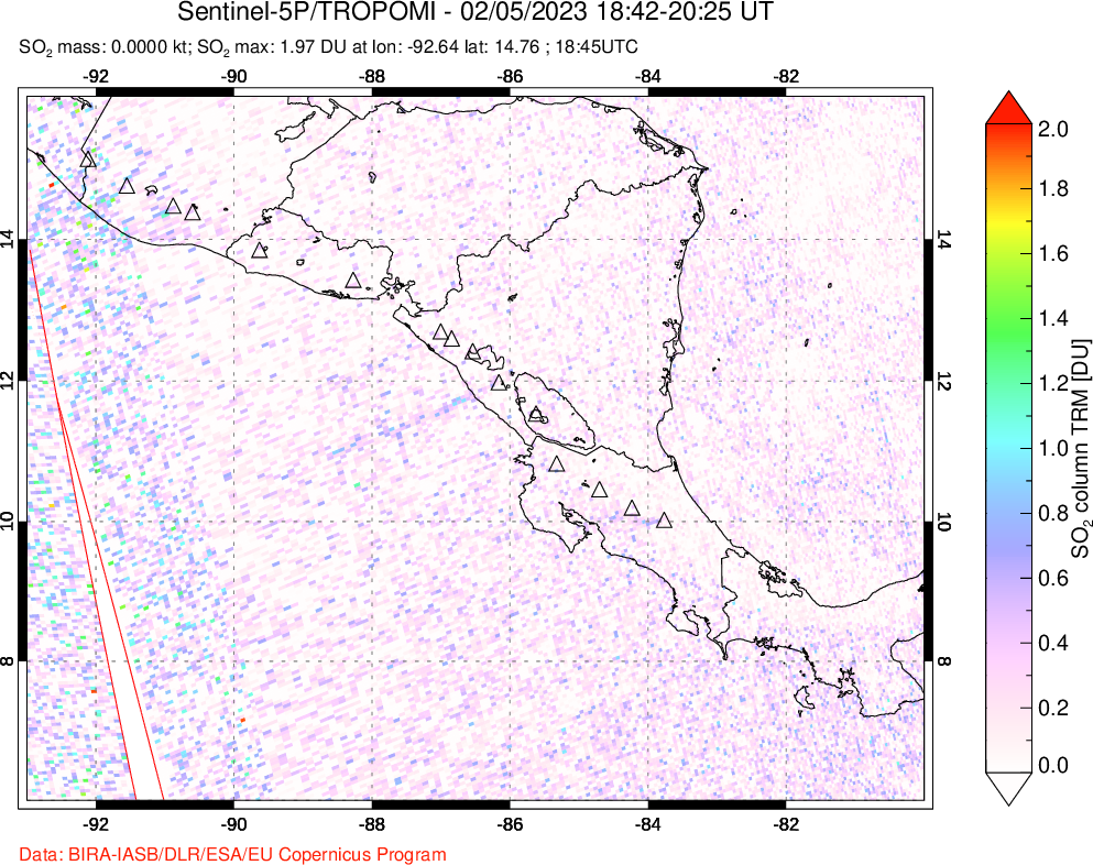 A sulfur dioxide image over Central America on Feb 05, 2023.