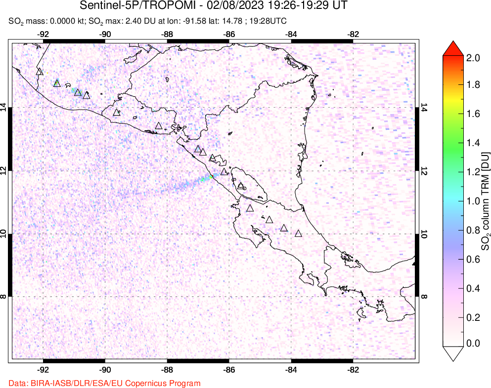 A sulfur dioxide image over Central America on Feb 08, 2023.