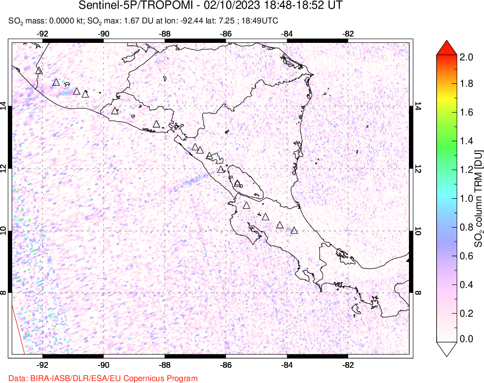 A sulfur dioxide image over Central America on Feb 10, 2023.
