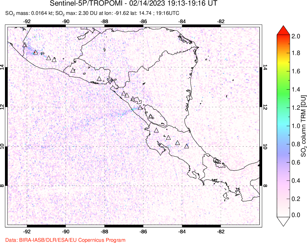 A sulfur dioxide image over Central America on Feb 14, 2023.