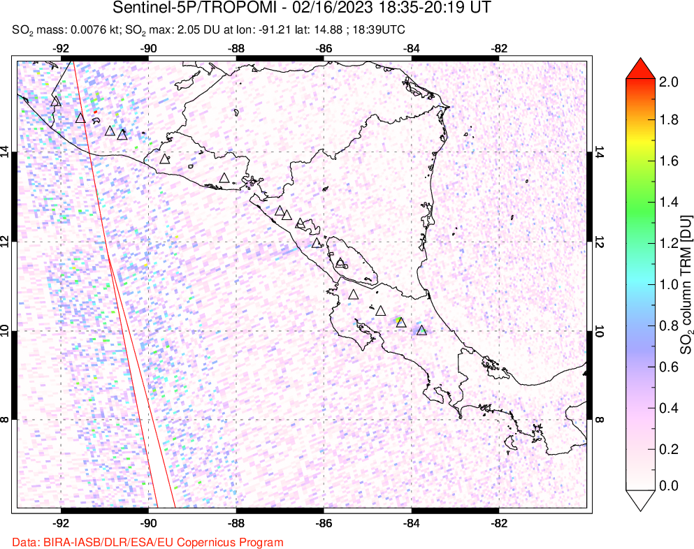 A sulfur dioxide image over Central America on Feb 16, 2023.