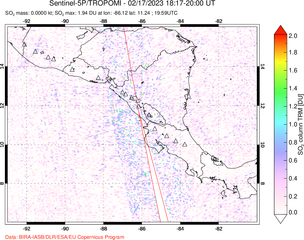 A sulfur dioxide image over Central America on Feb 17, 2023.