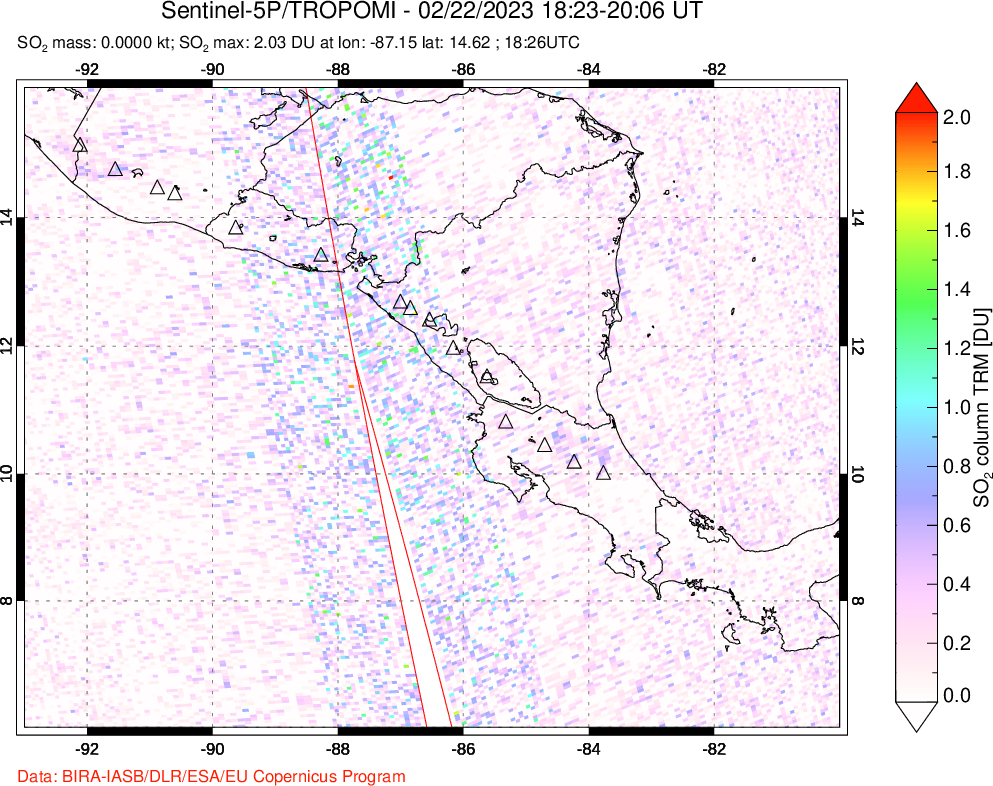 A sulfur dioxide image over Central America on Feb 22, 2023.