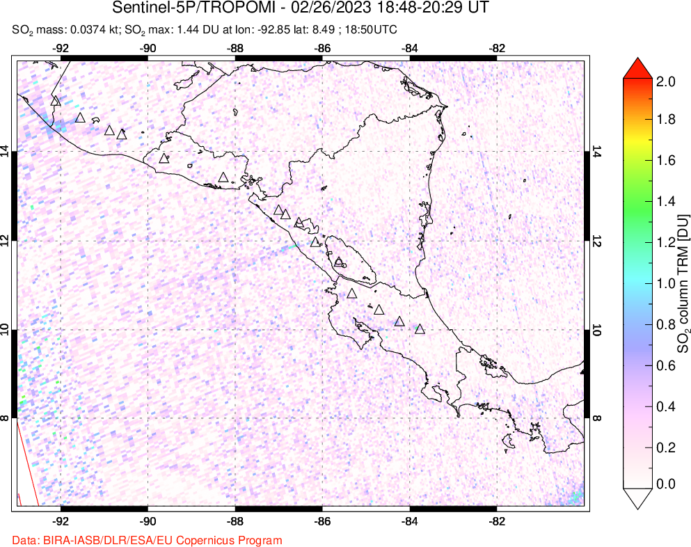 A sulfur dioxide image over Central America on Feb 26, 2023.