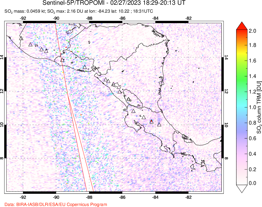 A sulfur dioxide image over Central America on Feb 27, 2023.