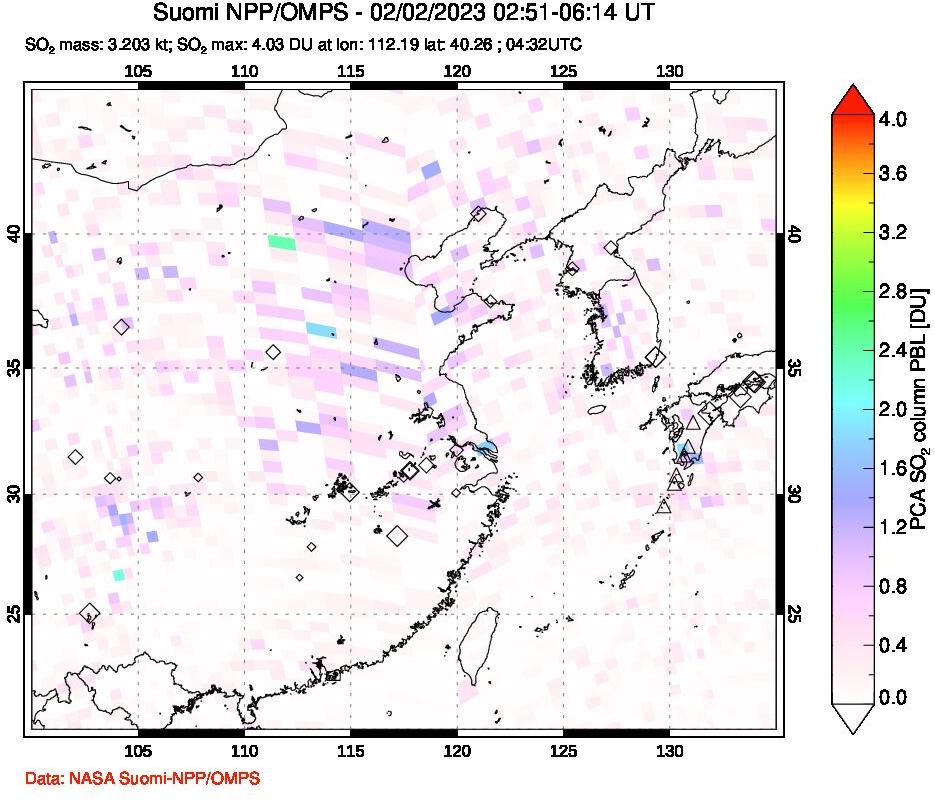 A sulfur dioxide image over Eastern China on Feb 02, 2023.