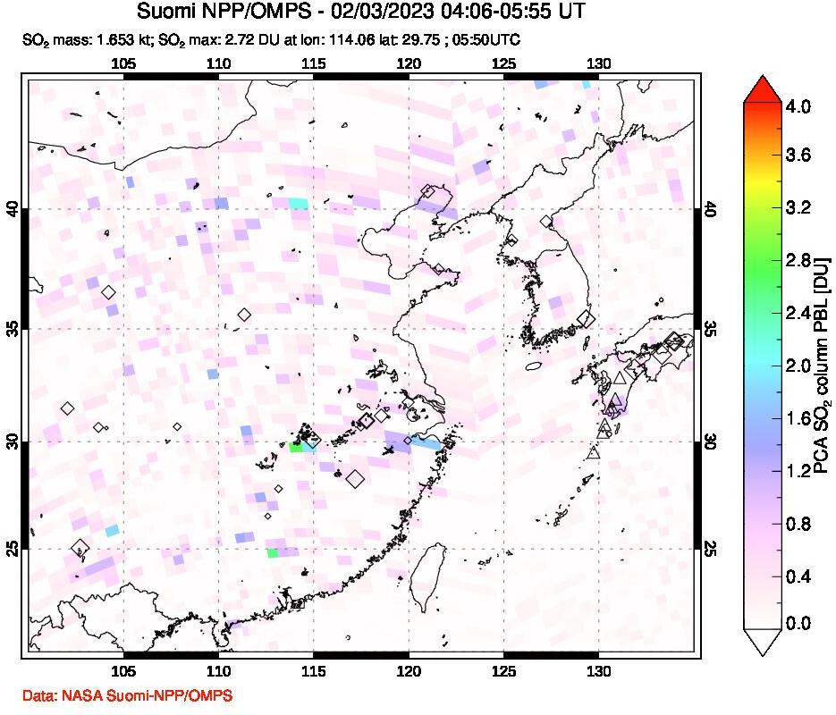 A sulfur dioxide image over Eastern China on Feb 03, 2023.