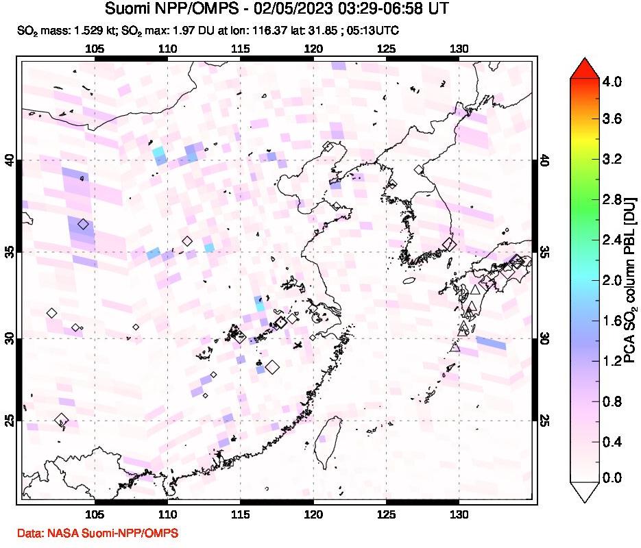 A sulfur dioxide image over Eastern China on Feb 05, 2023.