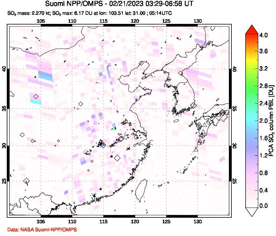 A sulfur dioxide image over Eastern China on Feb 21, 2023.