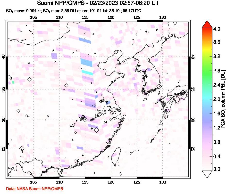 A sulfur dioxide image over Eastern China on Feb 23, 2023.