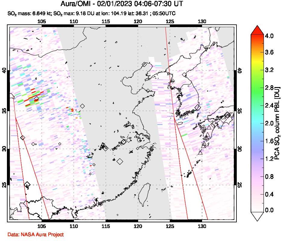 A sulfur dioxide image over Eastern China on Feb 01, 2023.