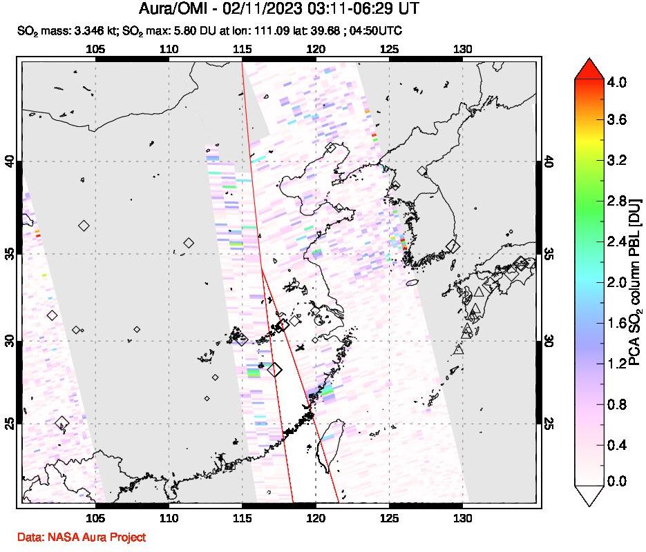 A sulfur dioxide image over Eastern China on Feb 11, 2023.