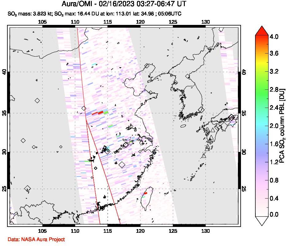 A sulfur dioxide image over Eastern China on Feb 16, 2023.