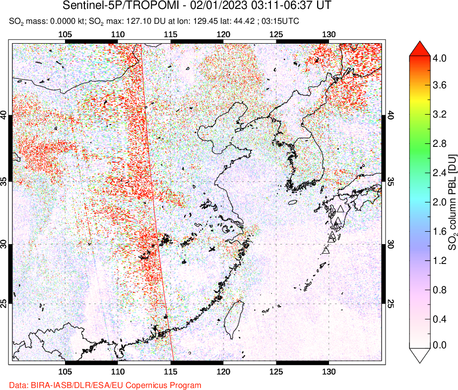 A sulfur dioxide image over Eastern China on Feb 01, 2023.