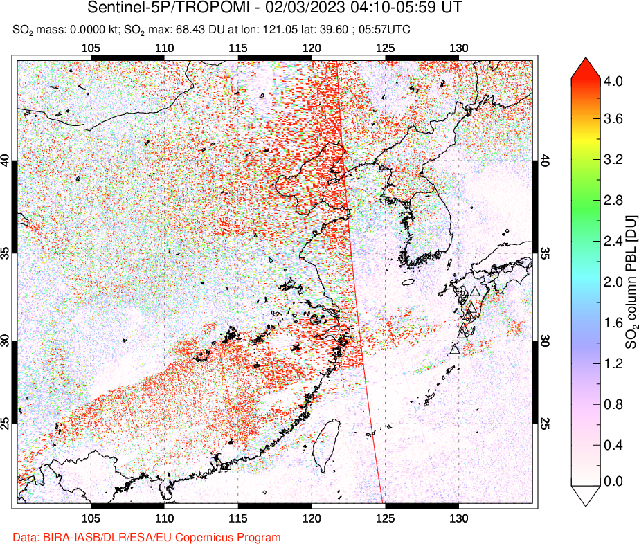 A sulfur dioxide image over Eastern China on Feb 03, 2023.