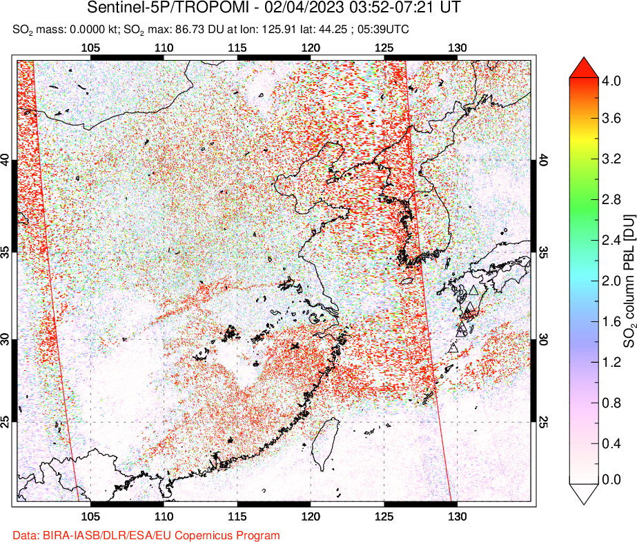 A sulfur dioxide image over Eastern China on Feb 04, 2023.