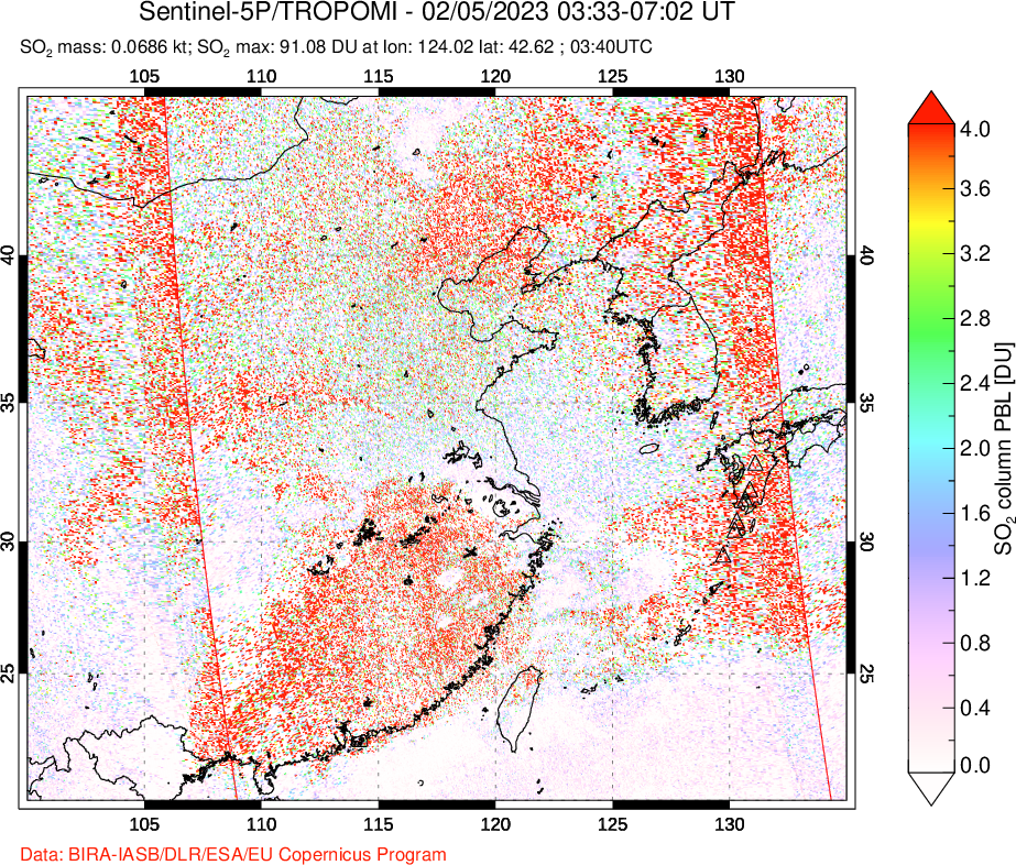 A sulfur dioxide image over Eastern China on Feb 05, 2023.
