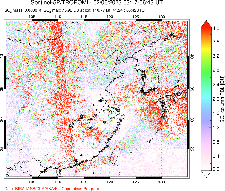 A sulfur dioxide image over Eastern China on Feb 06, 2023.