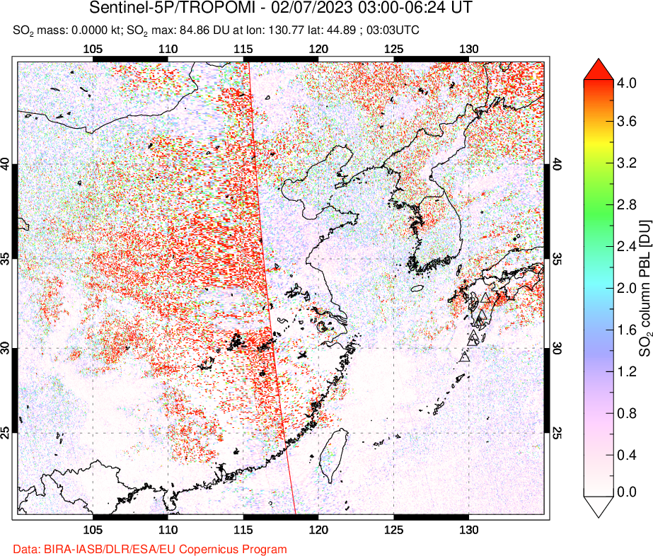 A sulfur dioxide image over Eastern China on Feb 07, 2023.