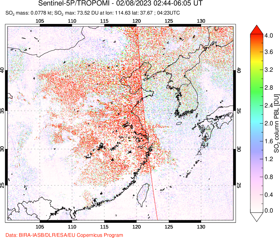 A sulfur dioxide image over Eastern China on Feb 08, 2023.
