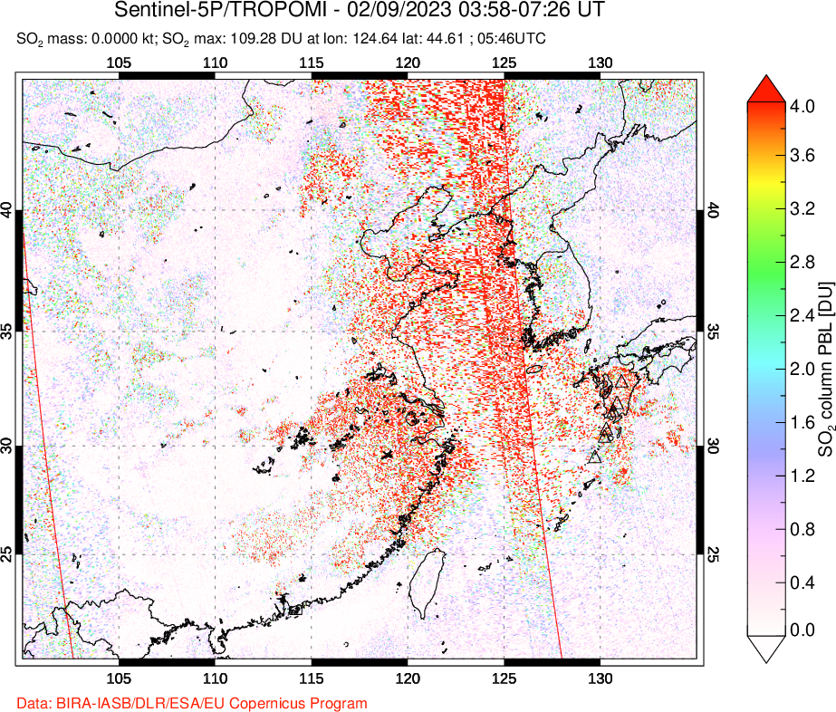 A sulfur dioxide image over Eastern China on Feb 09, 2023.