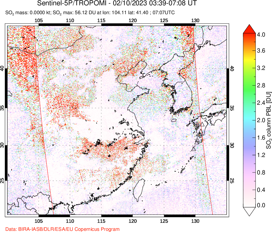 A sulfur dioxide image over Eastern China on Feb 10, 2023.