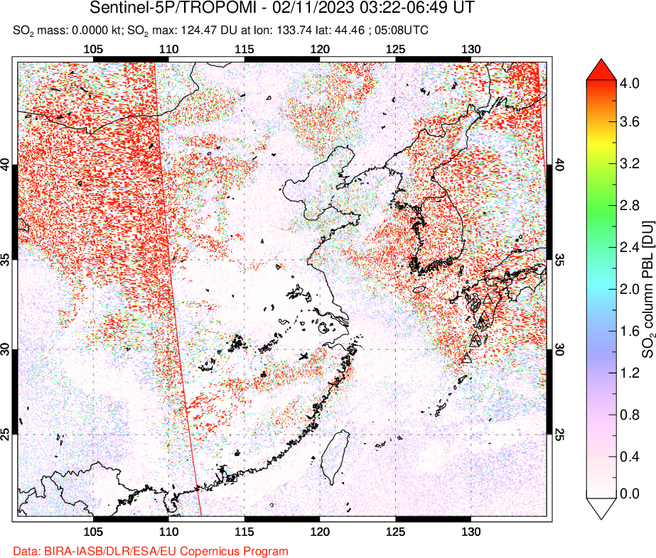A sulfur dioxide image over Eastern China on Feb 11, 2023.
