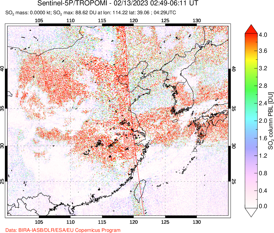 A sulfur dioxide image over Eastern China on Feb 13, 2023.