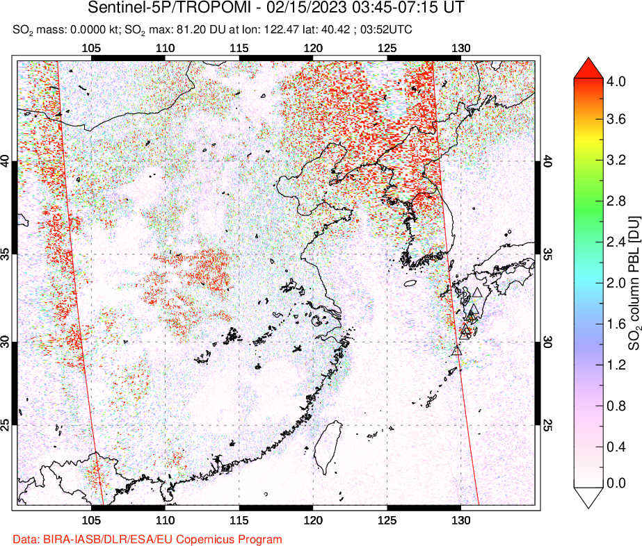 A sulfur dioxide image over Eastern China on Feb 15, 2023.