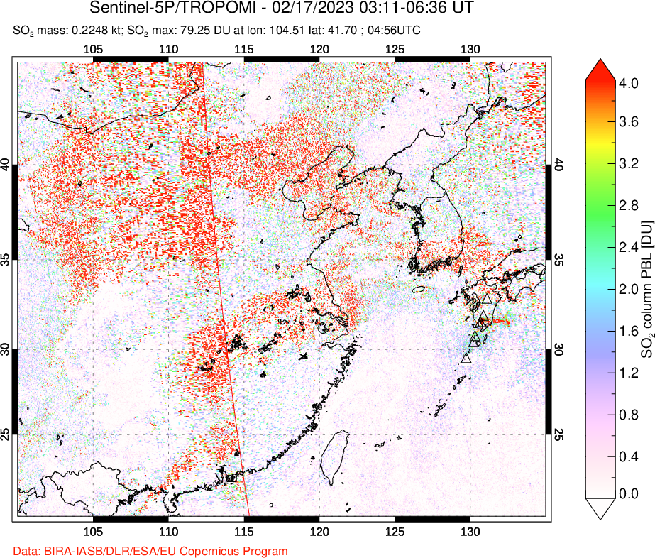 A sulfur dioxide image over Eastern China on Feb 17, 2023.