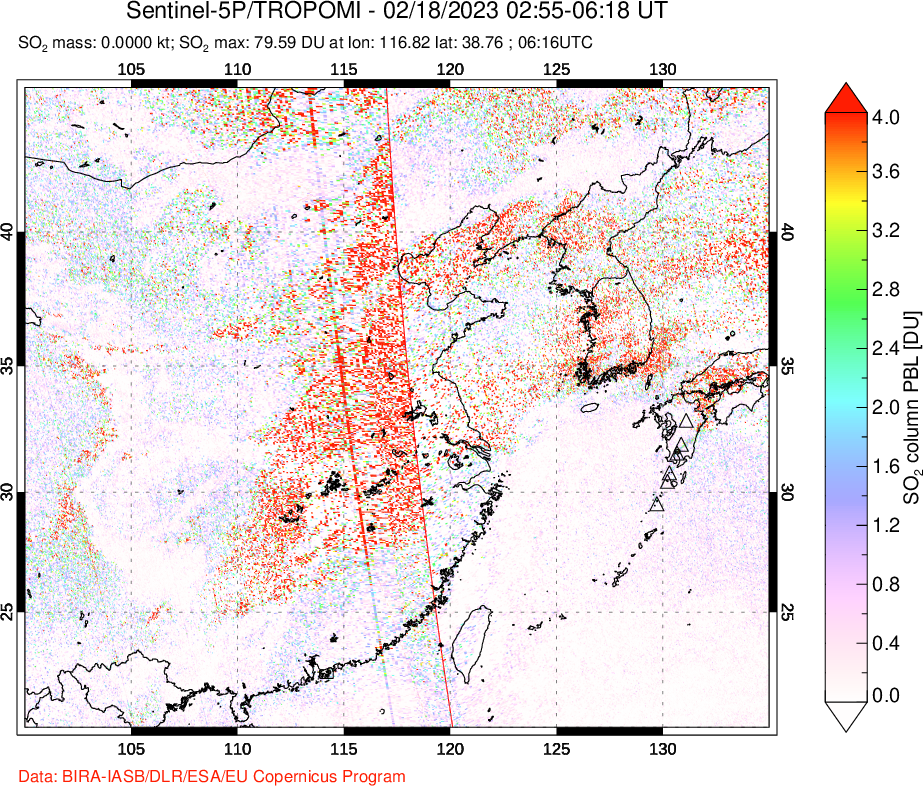 A sulfur dioxide image over Eastern China on Feb 18, 2023.