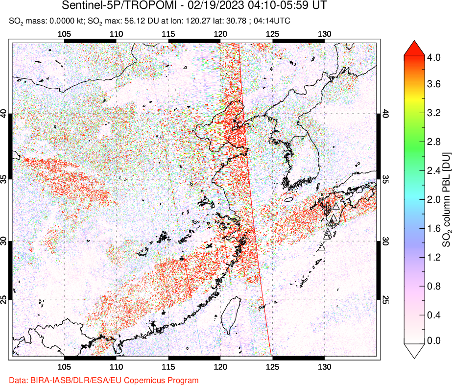 A sulfur dioxide image over Eastern China on Feb 19, 2023.